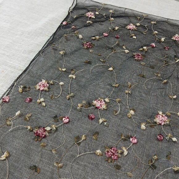 Black Tulle Pink Rose All Over Embroidery Scarf - Picture 6 of 7